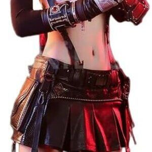 Black Vegan Leather Pleated Mini Skirt with Utility Pockets